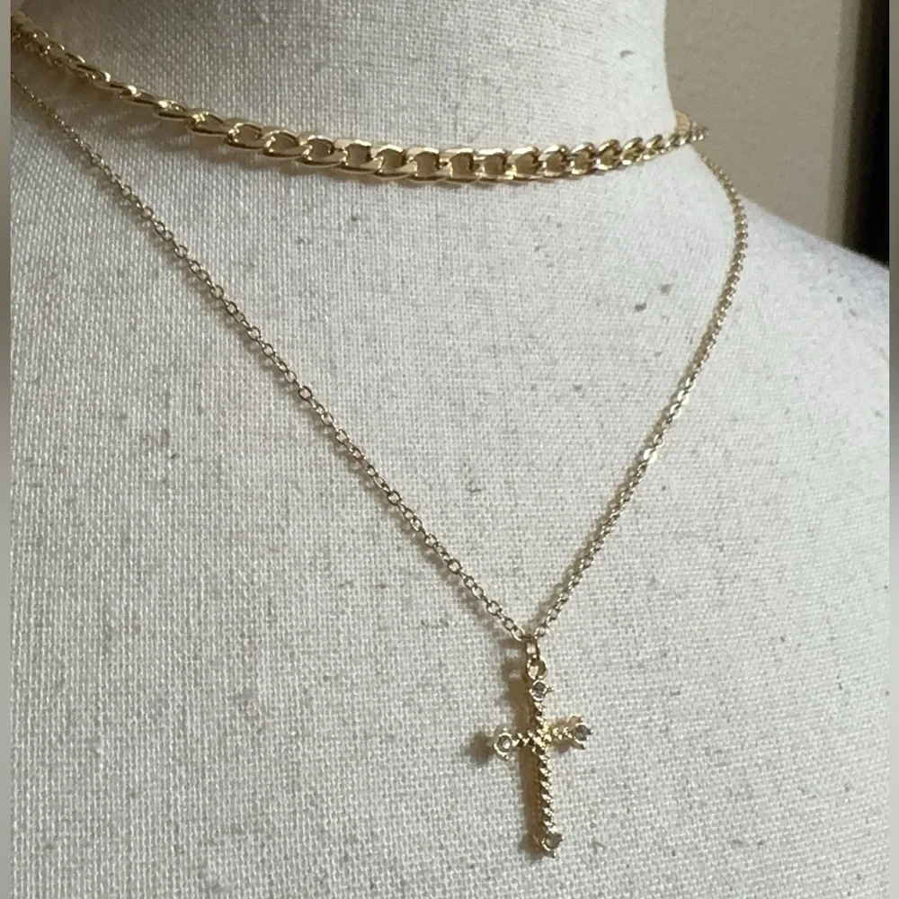 DOUBLE LAYER CROSS CHARM PENDANT NECKLACE gold plated set